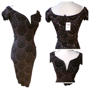 Privy Black Wire Plunge V Neck Midi Dress L Gold Sparkles Prom Romantic Witchy